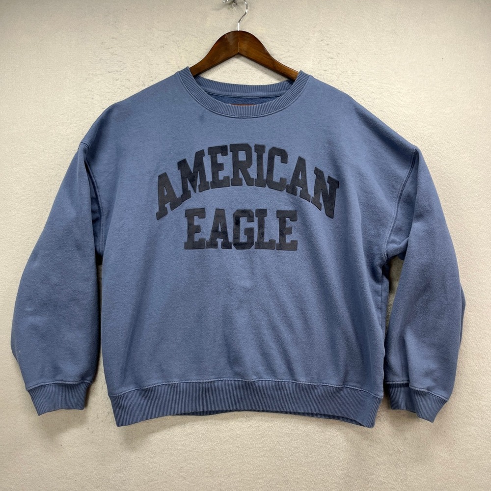 American Eagle Sweatshirt Mens L Blue Crewneck Graphic Preppy Fleece Casual